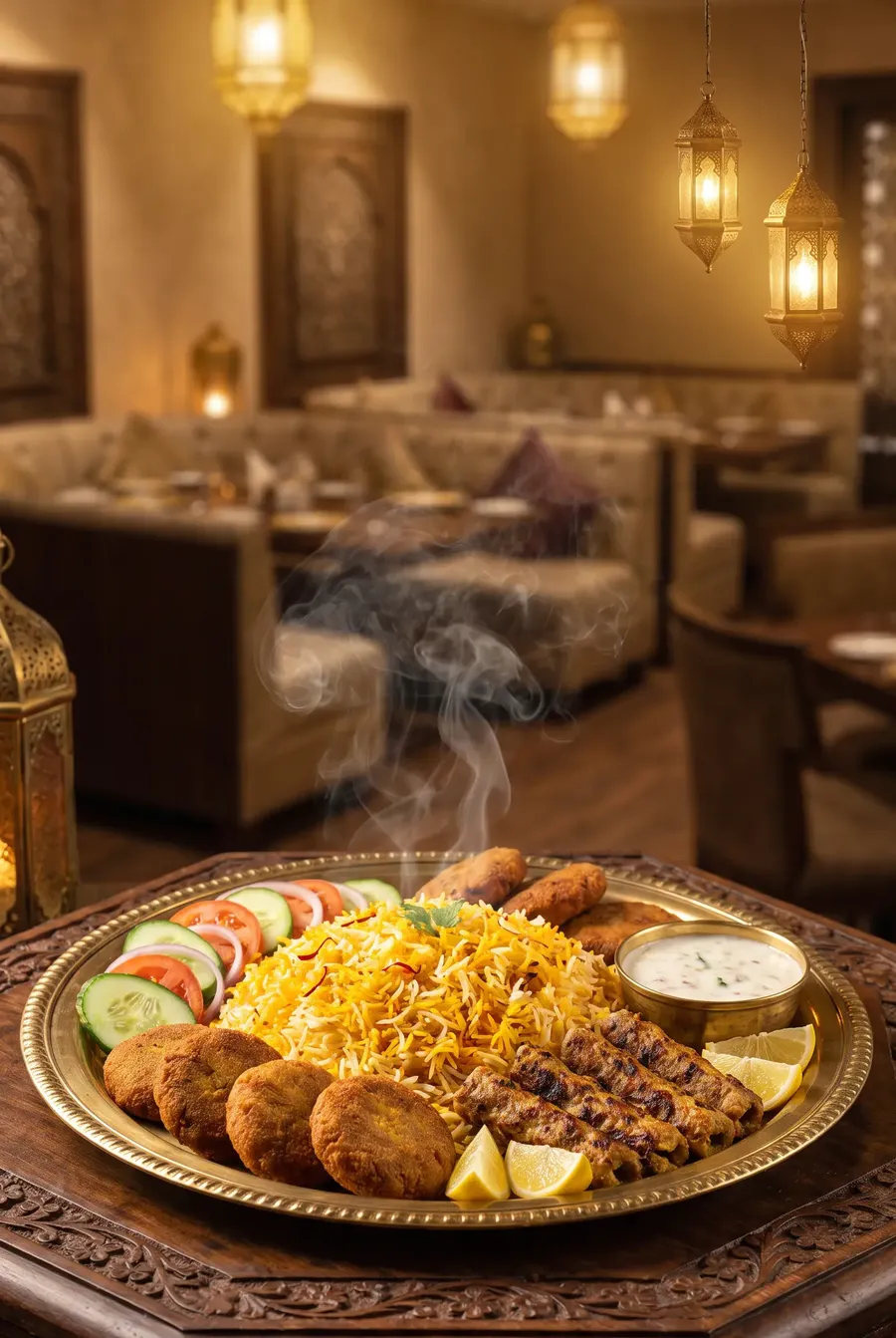 Orient Foods ka khoobsurat dining area aur royal platter