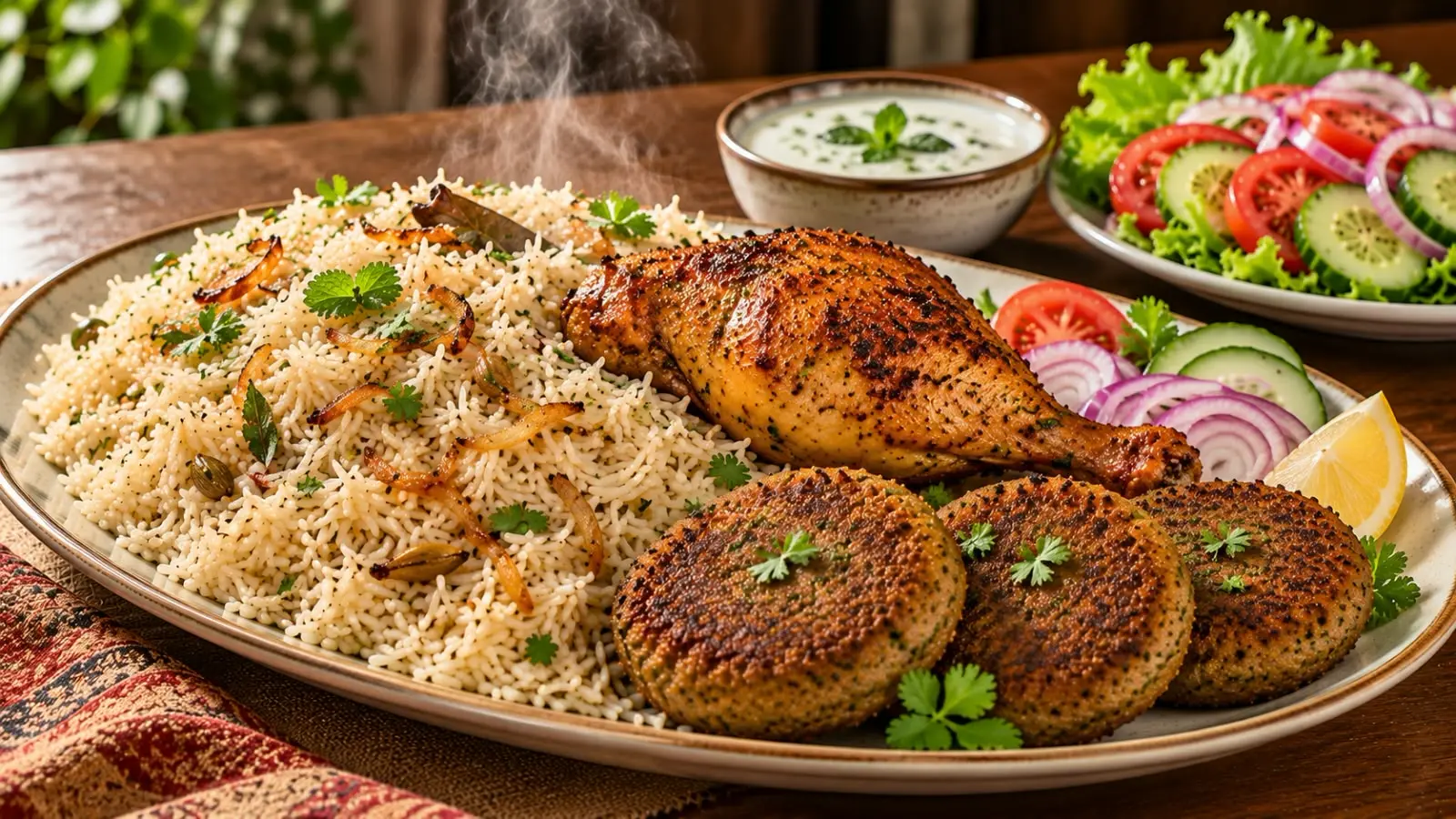 Chicken pulao with shami kabab
